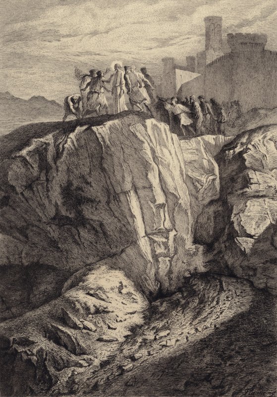 Jezus wypchnięty z Nazaretu autorstwa after Albert Robida