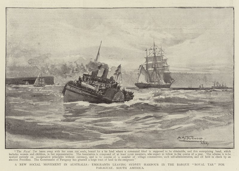 Nowy ruch społeczny w Australii, Emigranci opuszczający Sydney Harbour w Barque Royal Tar do Paragwaju, Ameryka Południowa autorstwa Albert Henry Fullwood