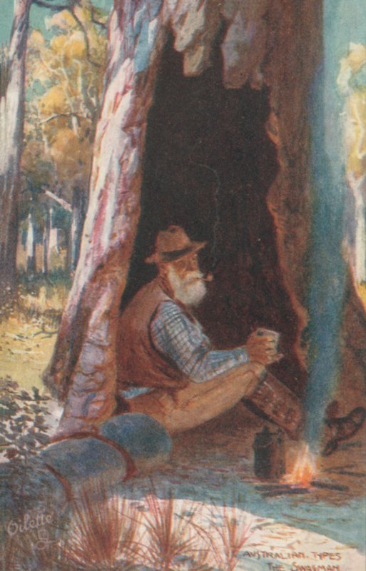 Typy australijskie: The Swagman (kolorowa litografia) autorstwa Albert Henry Fullwood