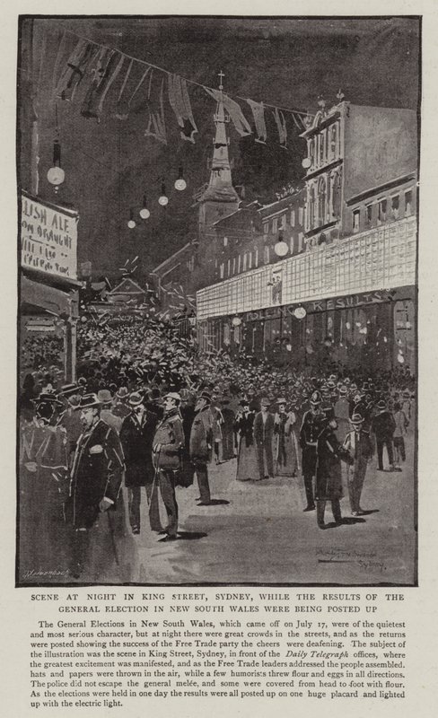 Scena nocą na King Street w Sydney, podczas wywieszania wyników wyborów powszechnych w Nowej Południowej Walii autorstwa Albert Henry Fullwood