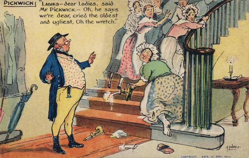 Pan Pickwick obraża grupę kobiet (chromolitho) autorstwa Albert Jnr. Ludovici