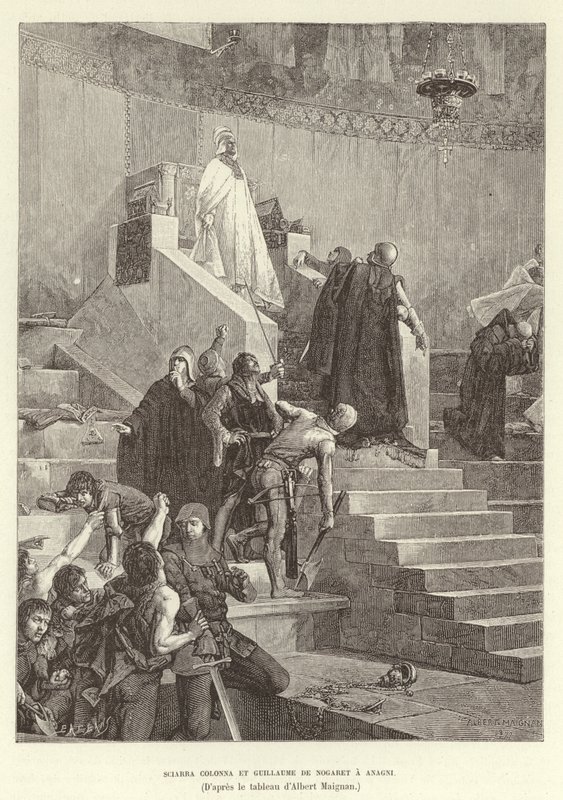 Sciarra Colonna i Guillaume de Nogaret w Anagni. Sciarra Colonna i Guillaume de Nogaret w konfrontacji z papieżem Bonifacem VIII w Anagni we Włoszech autorstwa Albert Pierre Rene Maignan