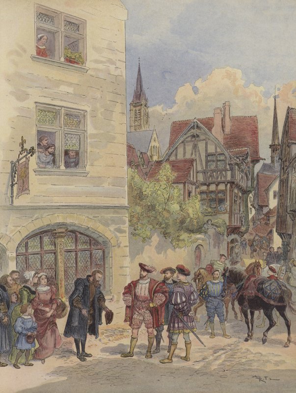 Francois Ier zostaje przyjęty przez Estienne, w drzwiach swojej drukarni, pod znakiem Oliviera, rue Saint-Jean-de-Beauvais, w Paryżu autorstwa Albert Robida