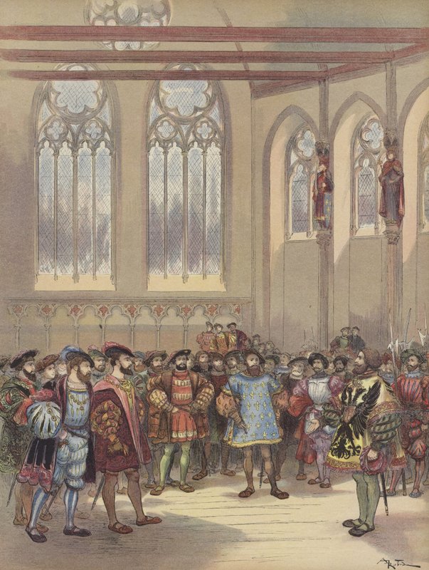 Herold Burgundii, wysłany przez Charlesa-Quinta, zostaje przyjęty przez Francois Ier w wielkiej sali Parlamentu autorstwa Albert Robida