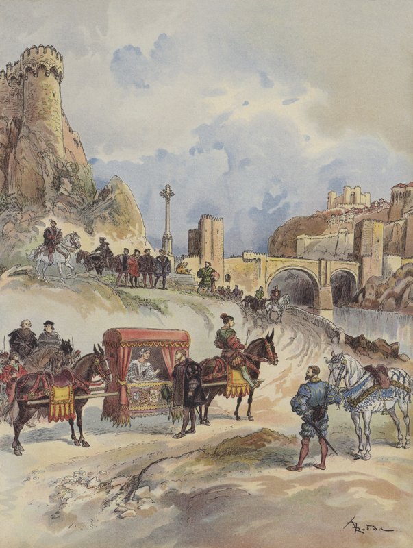 Marguerite z Francji, która wybiera się z wizytą do brata, zostaje przyjęta w Pont de Toledo przez Karola V autorstwa Albert Robida