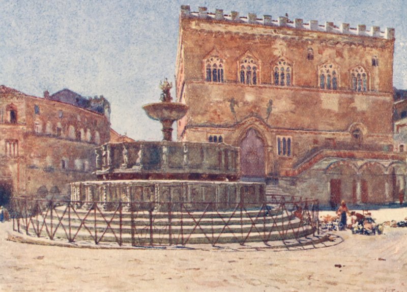 Piazza S Lorenzo, Perugia (kolorowa litografia) autorstwa Alberto Pisa