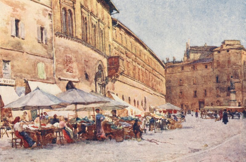 Rynek, Perugia (kolorowa litografia) autorstwa Alberto Pisa