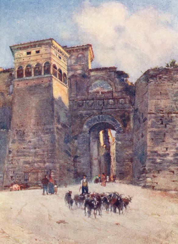 Porta Augusta, Perugia (kolorowa litografia) autorstwa Alberto Pisa