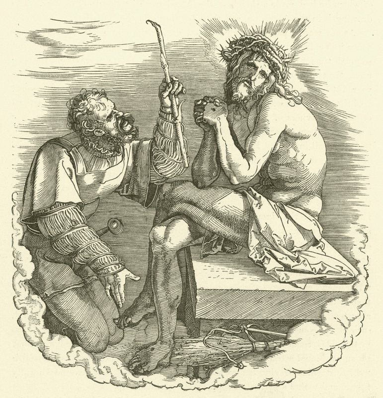 Naśmiewanie się z Chrystusa (Chrystus jako Mąż boleści wyśmiewany przez żołnierza) autorstwa Albrecht Dürer