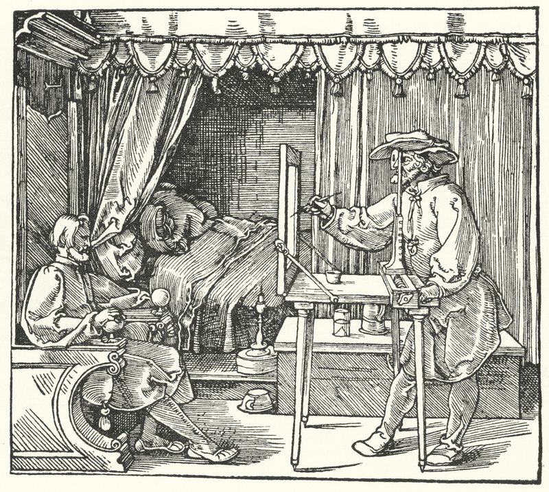 Sposób wykonania obrazu w skali poprzez zaznaczenie konturów przedmiotu na tafli szkła (grawerowanie) autorstwa Albrecht (after) Durer or Duerer