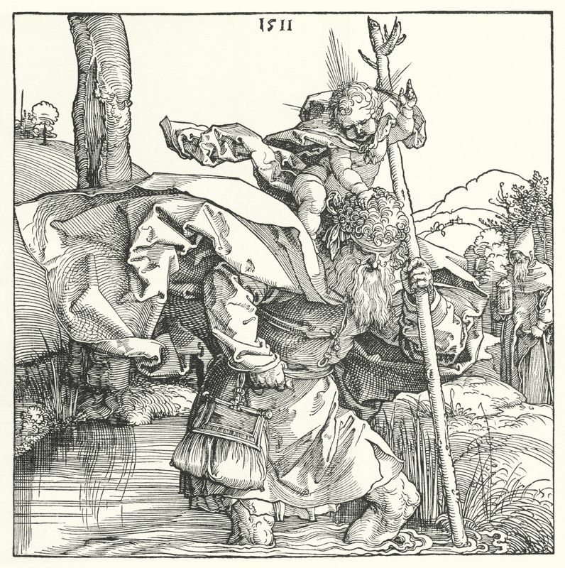 Św. Krzysztof niosący Dzieciątko Chrystus (rycina) autorstwa Albrecht (after) Durer or Duerer