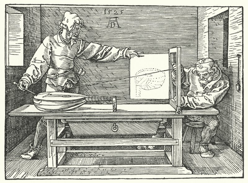 Wykorzystanie strun do skonstruowania obrazu perspektywicznego lutni (grawerowanie) autorstwa Albrecht (after) Durer or Duerer