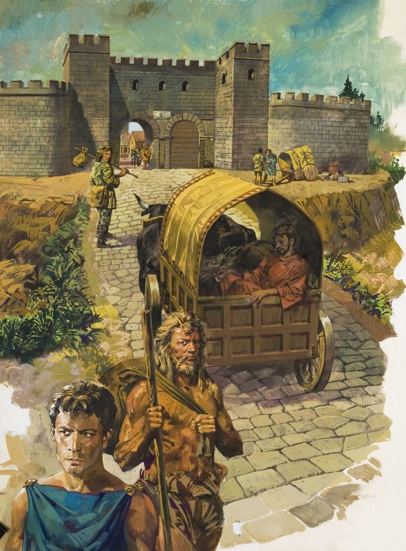 Wóz wjeżdżający do otoczonego murem miasta w rzymskiej Brytanii (gwasz na papierze) autorstwa Alessandro Biffignandi