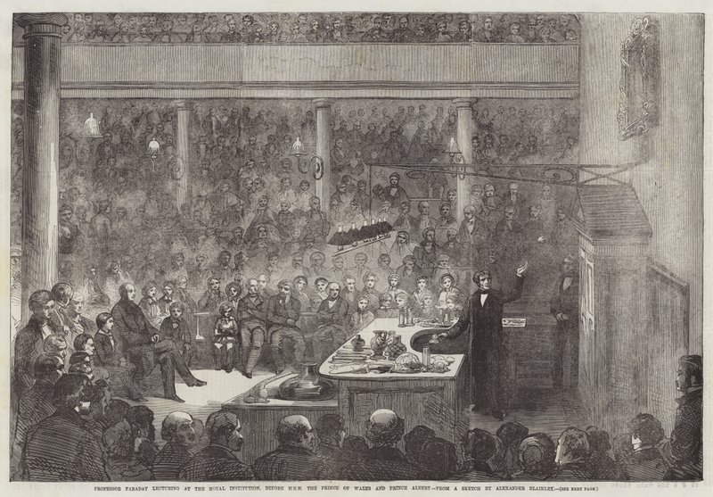 Profesor Faraday wykłada w Royal Institution, przed JKW Księciem Walii i Księciem Albertem autorstwa Alexander Blaikley