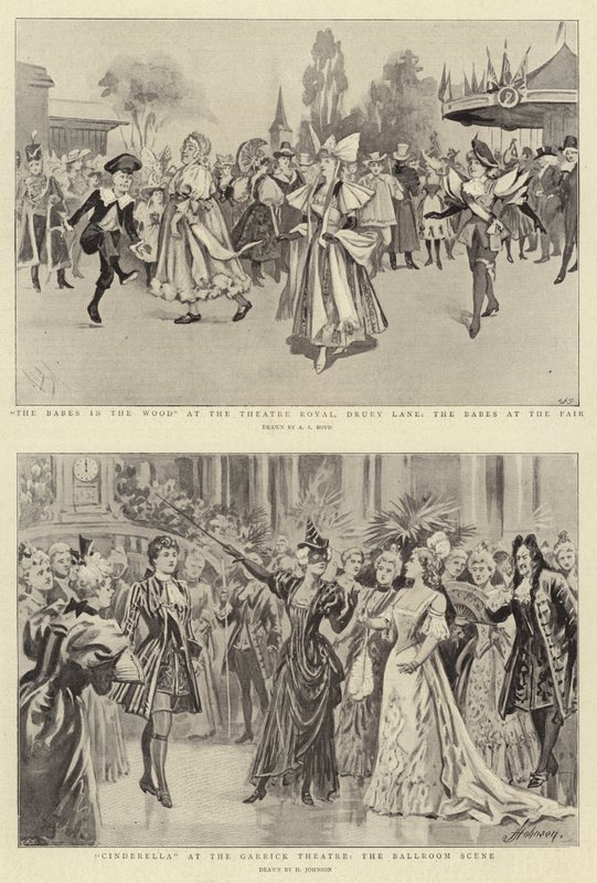 The Babes in the Wood w Theatre Royal, Drury Lane, The Babes at the Fair, Kopciuszek w Garrick Theatre, Scena w sali balowej autorstwa Alexander Stuart Boyd