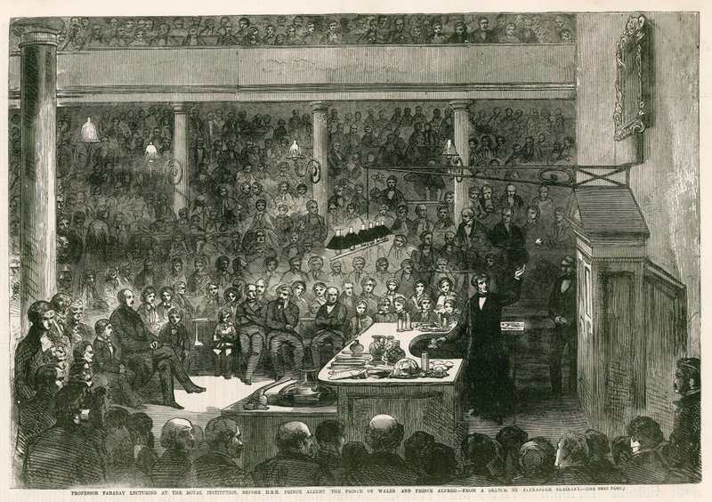 Profesor Faraday wykłada w Royal Institution przed Jego Wysokość Książę Albert, książę Walii i książę Alfred autorstwa Alexander Blaikley