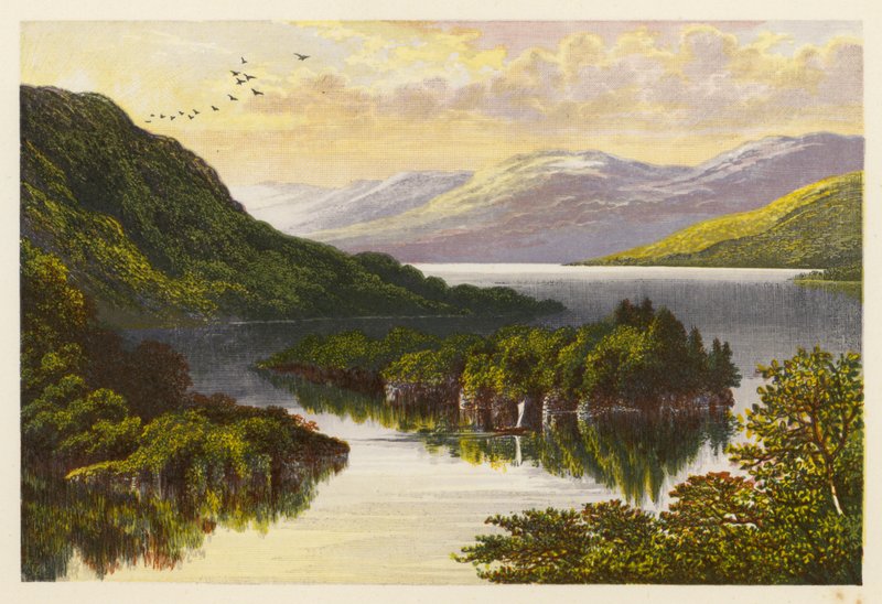 Sceneria szkockiego jeziora: Loch Katrine (kolorowa litografia) autorstwa Alexander Francis (after) Lydon