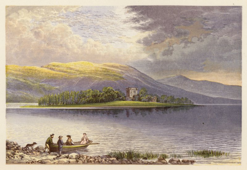 Sceneria szkockiego jeziora: Loch Leven (kolorowa litografia) autorstwa Alexander Francis (after) Lydon