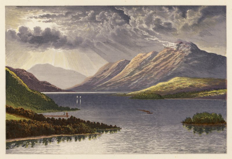 Sceneria szkockiego jeziora: Loch Lomond (kolorowa litografia) autorstwa Alexander Francis (after) Lydon