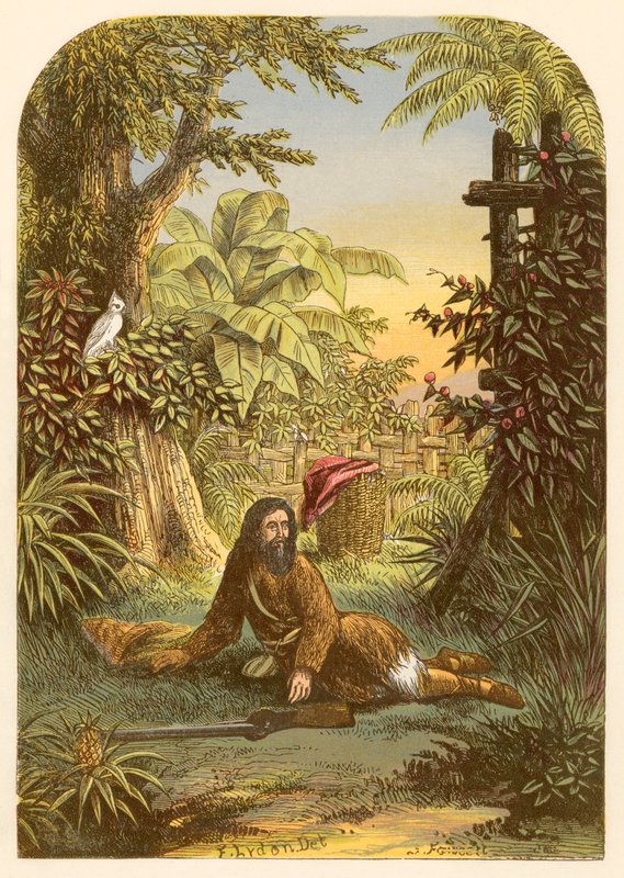 Robinson Crusoe wybudzony ze snu przez swoją papugę autorstwa Alexander Francis Lydon