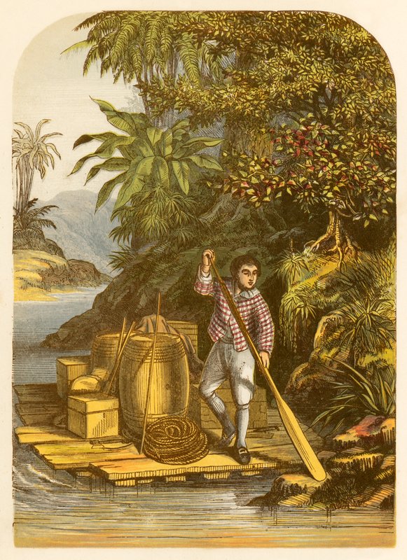 Robinson Crusoe za pomocą tratwy ratuje ze statku wiele przydatnych przedmiotów autorstwa Alexander Francis Lydon