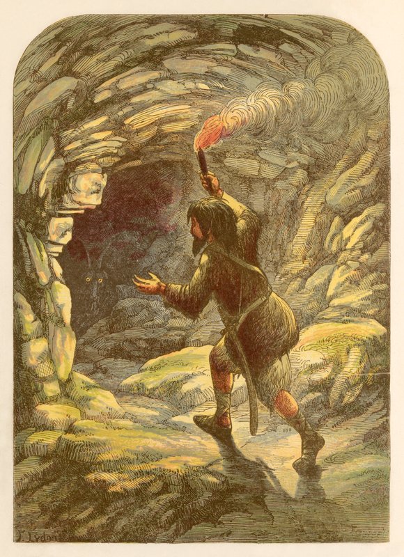 Robinson Crusoe przestraszony przez kozę w jaskini autorstwa Alexander Francis Lydon