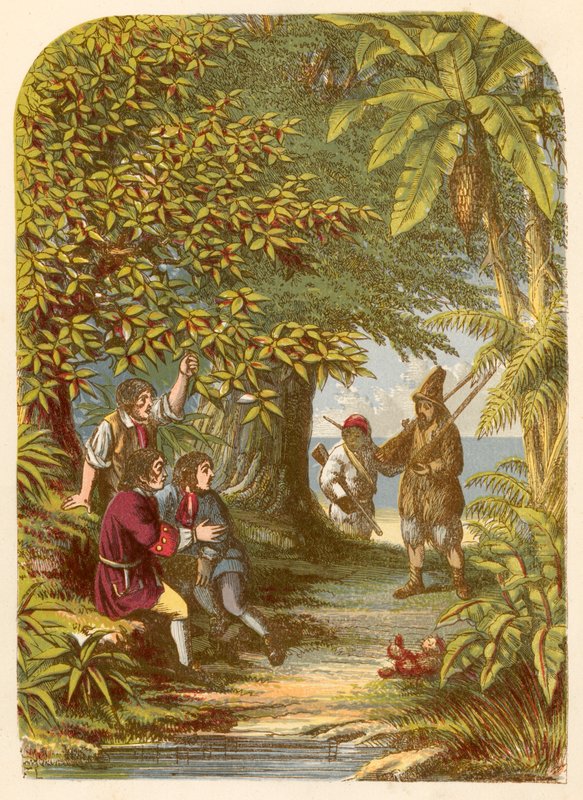 Robinson Crusoe zaskakuje trzech Anglików autorstwa Alexander Francis Lydon