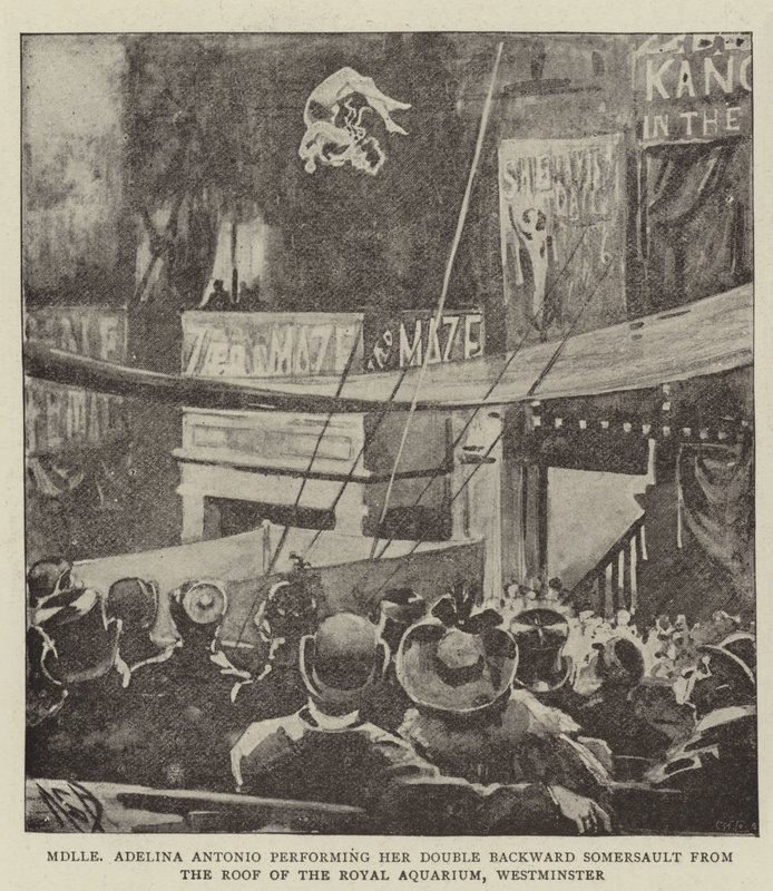 Mademoiselle Adelina Antonio wykonuje podwójne salto w tył z dachu Royal Aquarium, Westminster autorstwa Alexander Stuart Boyd
