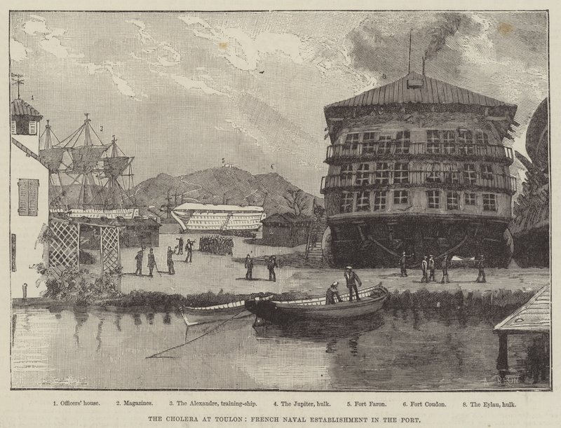 Cholera w Tulonie, francuska marynarka wojenna w porcie autorstwa Alexandre Brun