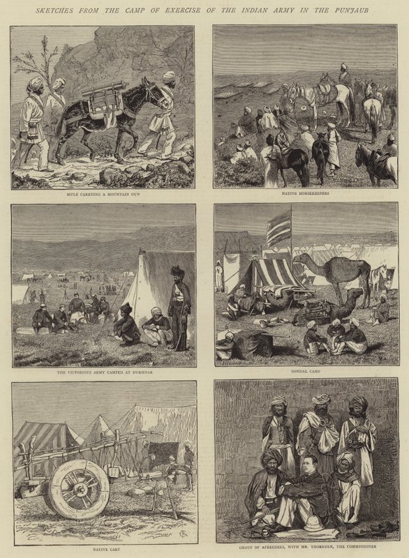 Szkice z obozu ćwiczeń Armii Indyjskiej w Punjaubie autorstwa Alfred Chantrey Corbould