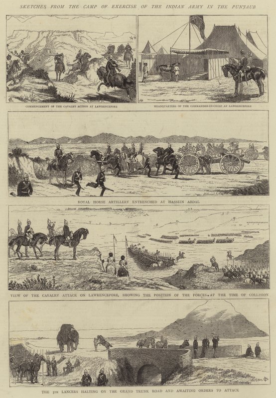 Szkice z obozu ćwiczeń Armii Indyjskiej w Punjaubie autorstwa Alfred Chantrey Corbould
