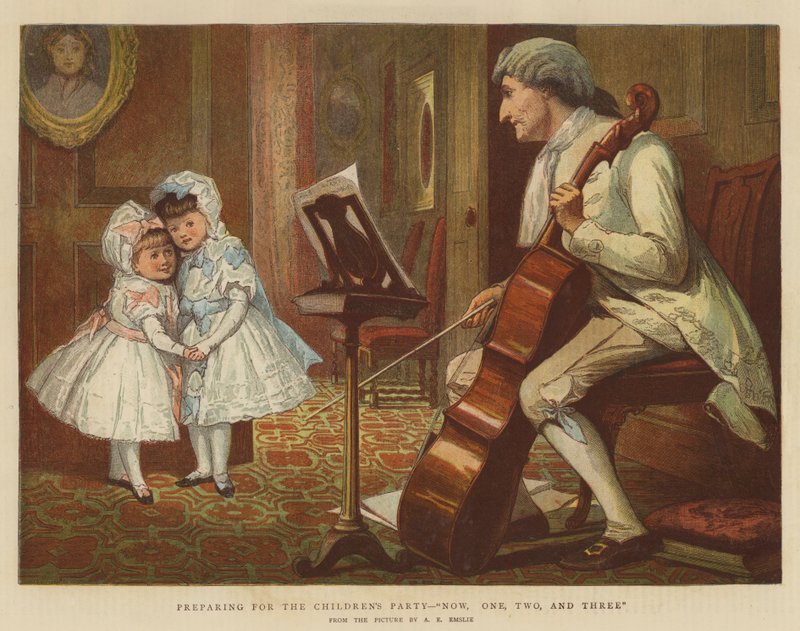 Przygotowanie do przyjęcia dla dzieci, teraz, raz, dwa i trzy (chromolitho) autorstwa Alfred Edward Emslie