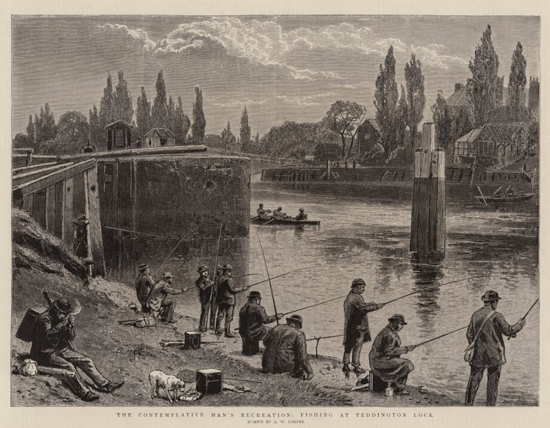 Rekreacja kontemplacyjnego mężczyzny, łowienie ryb w Tddington Lock autorstwa Alfred W. Cooper