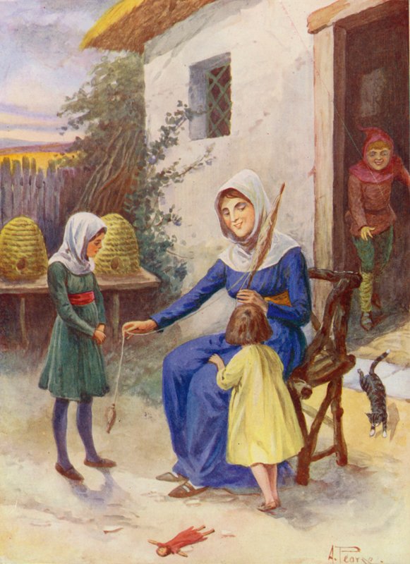 Wesoła Anglia: Nauka przędzenia (kolorowa litografia) autorstwa Alfred (after) Pearse