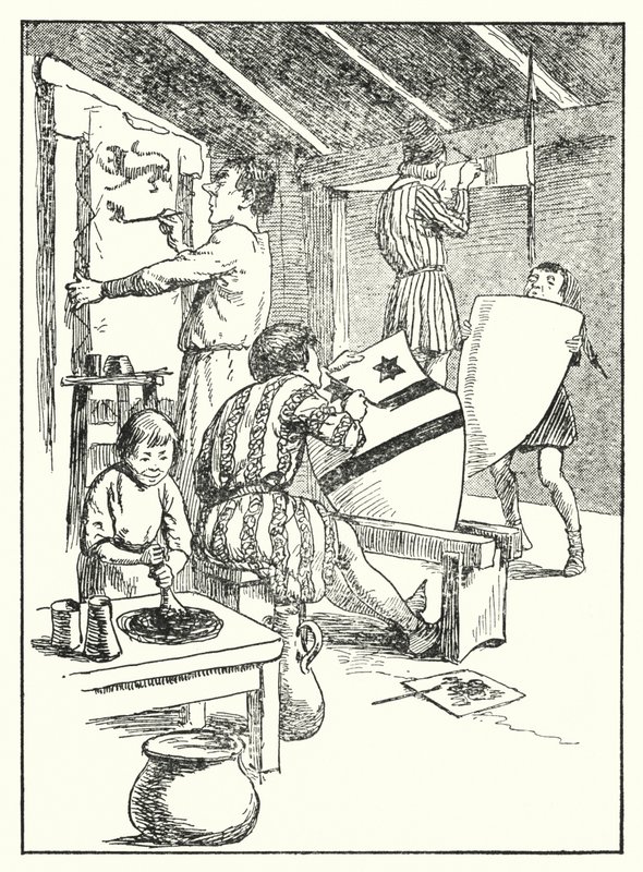Wesoła Anglia: Malowanie tarcz i płaszczy (litografia) autorstwa Alfred (after) Pearse