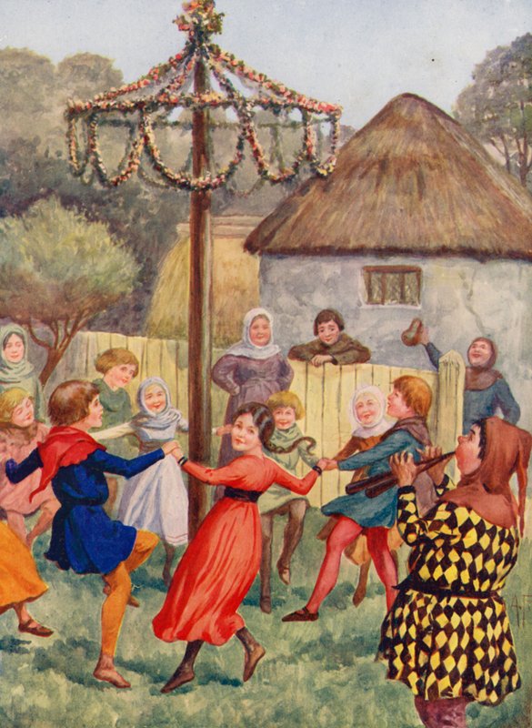 Wesoła Anglia: Wokół słupa majowego (kolorowa litografia) autorstwa Alfred (after) Pearse