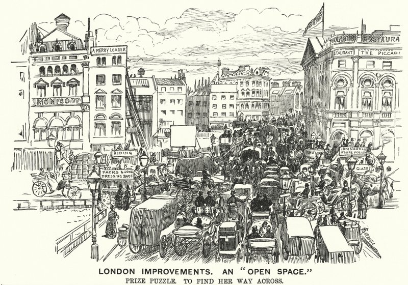 Punch cartoon: Usprawnienia w Londynie. „Otwarta przestrzeń” – zatłoczenie w wiktoriańskim Londynie (grafika) autorstwa Alfred Chantrey Corbould