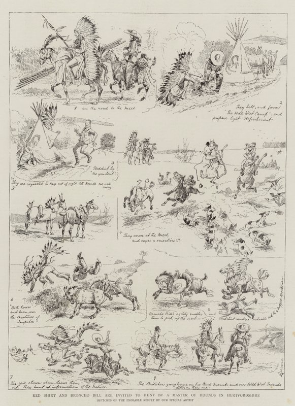 Red Shirt i Broncho Bill są zaproszeni na polowanie przez Mistrza Psów Gończych w Hertfordshire autorstwa Alfred Chantrey Corbould