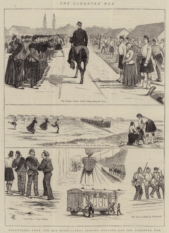 Wojna Ashantee, ochotnicy z 79. Highlanders wyruszający z Anglii na wojnę Ashantee autorstwa Alfred Chantrey Corbould