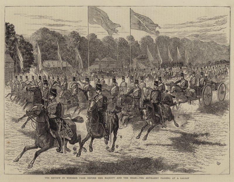 Przegląd w Windsor Park przed Jej Wysokością i Szachem, artyleria przechodząca w Gallop autorstwa Alfred Chantrey Corbould