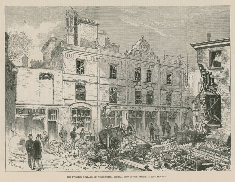wybuchy dynamitu w Westminster; Ogólny widok szkód w Scotland Yardzie autorstwa Alfred Chantrey Corbould