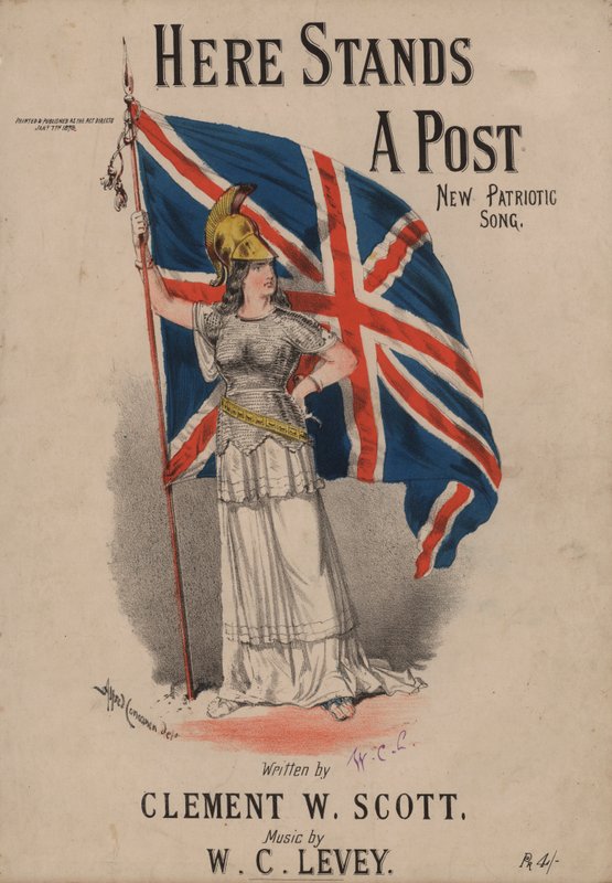 Here Stands a Post, Nowa piosenka patriotyczna - Britannia trzymająca Union Jack (kolor lito) autorstwa Alfred Concanen