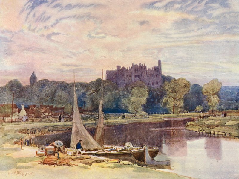 Zamek Arundel, od strony rzeki Arun (kolorowa litografia) autorstwa Alfred East