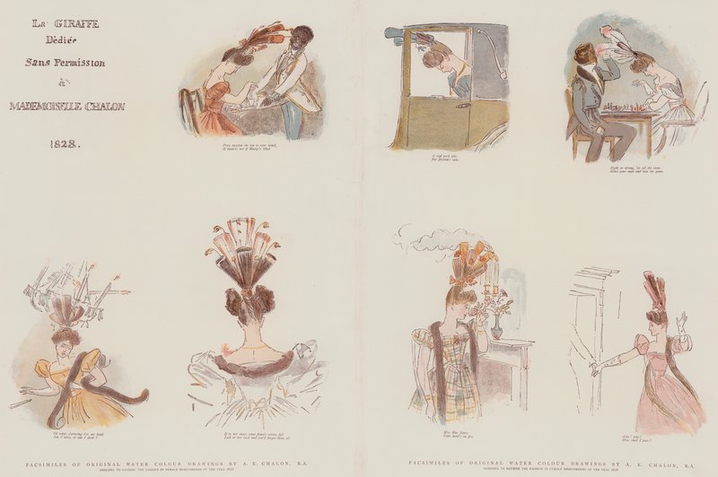 Faksymile oryginalnych rysunków akwarelowych, zaprojektowanych w celu satyryzowania mody w damskich nakryciach głowy roku 1828 (chromolitho) autorstwa Alfred Edward Chalon