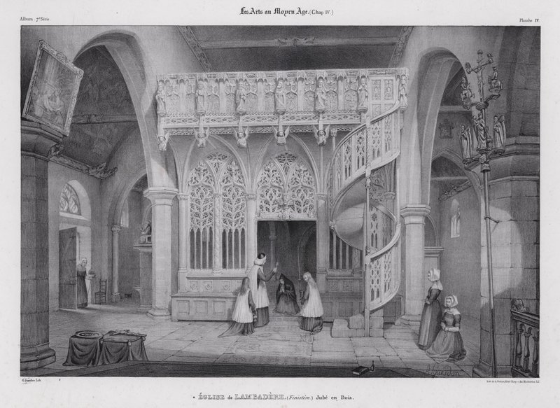 Rzeźbiony drewniany lektorium kaplicy Notre Dame de Lambader, Plouvorn, Bretania, Francja (lito) autorstwa Alfred Guesdon