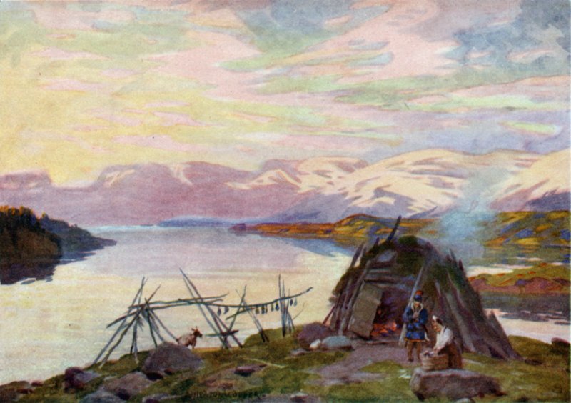 Lapp Hut nad jeziorem Torne Trask, północ autorstwa Alfred Heaton Cooper