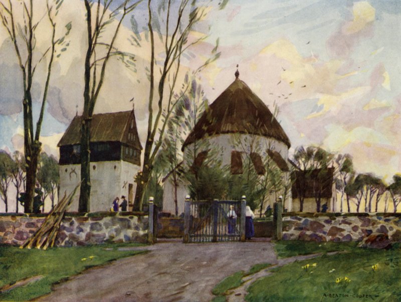 Dania: Bornholm, Kościół Osterlars (kolor lito) autorstwa Alfred Heaton Cooper