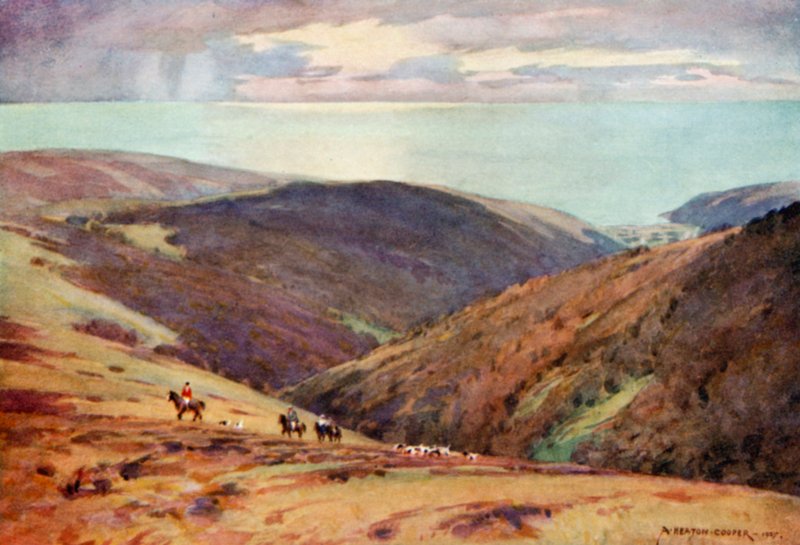 Polowanie na jelenia na Exmoor, Vale of Porlock (kolor lito) autorstwa Alfred Heaton Cooper