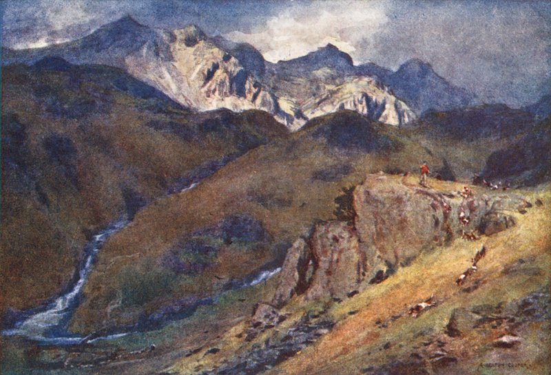 Kraina Jezior: A Fell Fox-hunt, Head of Eskdale and Scawfell (kolorowa litografia) autorstwa Alfred Heaton Cooper