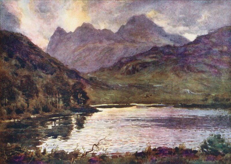 Lake District: Blea Tarn i Langdale Pikes (kolorowa litografia) autorstwa Alfred Heaton Cooper